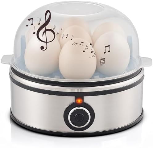 EGC855SS Easy Egg Cooker, 7-Egg Capacity, Soft, Medium, Hard-Boiled, Omelets, Poached Eggs, Plays Melody when Done, Auto Shut-Off, Measuring Cup, Stainless Steel