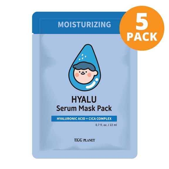 EGG PLANET HYALU Serum Mask Pack, 5 Packs, 0.7 fl oz. (22ml), Moisturizing, For Dry Skin Type