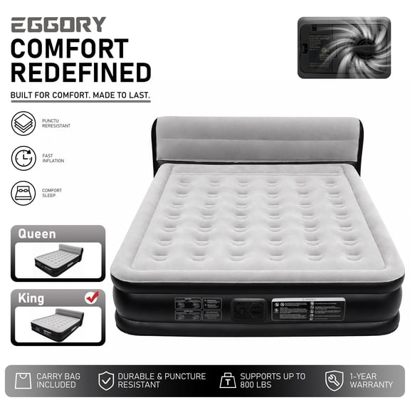 EGGORY 34" King Size Air Mattress with Headboard,Deluxe Raised Air Bed with Built-in Pump for Camping & Trip & Home