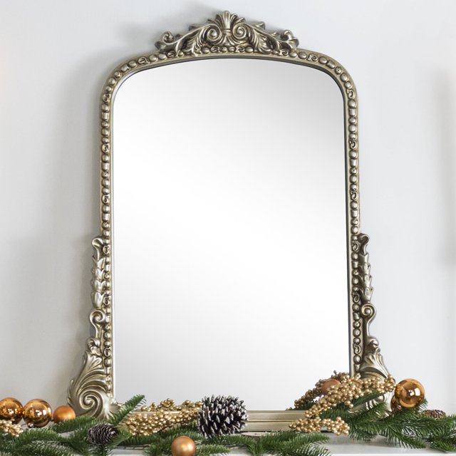 EGHOME Traditional Antiqued Silver Ornate Frame Arch Mantel Vanity Rectangle Wall Mounted Mirror 30x34"