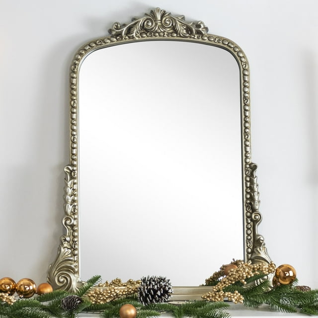 EGHOME Traditional Antiqued Silver Ornate Frame Arch Mantel Vanity Rectangle Wall Mounted Mirror 30x34"
