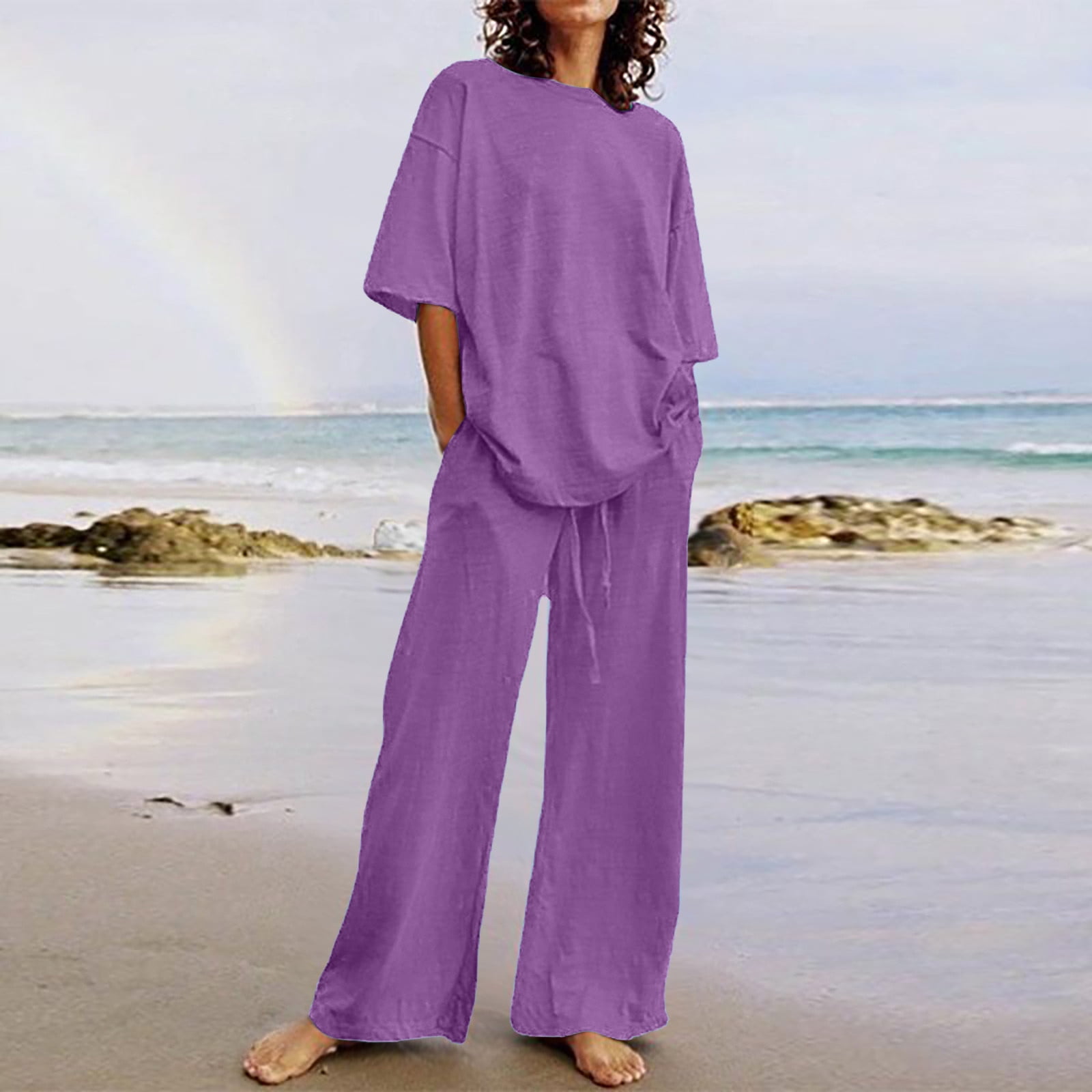 EGNMCR 2 Piece Outfits for Women Summer Casual Solid Color