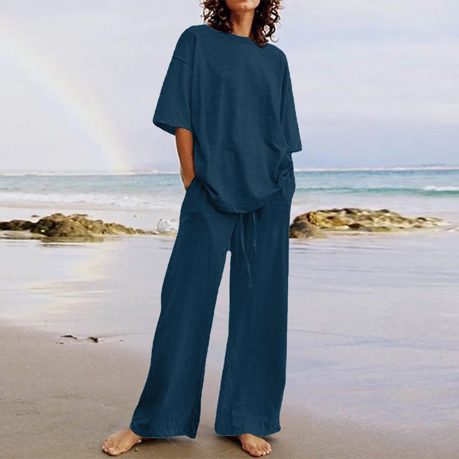 EGNMCR 2 Piece Outfits for Women Summer Casual Solid Color