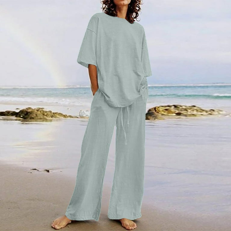 EGNMCR 2 Piece Outfits for Women Summer Casual Solid Color