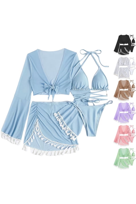 4 Piece Bikini Sets for Women with Wrap Coverup Bathing Suit Halters Top High Waisted Triangles