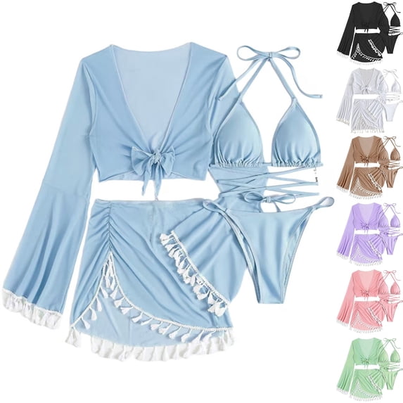 EGNMCR 4 Piece Bikini Sets for Women with Wrap Coverup Bathing Suit Halters Top High Waisted Triangles