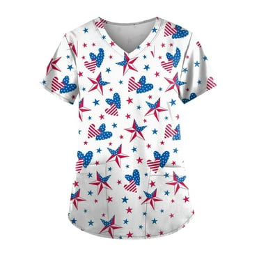 EGNMCR 4th of July Nursing Scrub Tops for Women Patriotic Flag Print Working Uniform Short Sleeve V Neck Workwear Blouse T-shirt with Pockets - Summer Savings Clearance