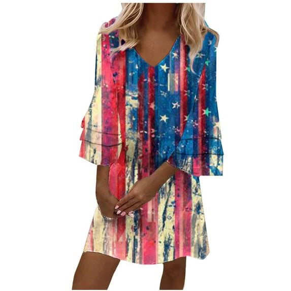 EGNMCR 4th of July Womens Dresses Plus Size Fashion Independence Day Printed Long Sleeve Maxi Dress Long Dress Summer Sale Clearance