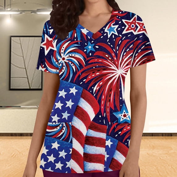 EGNMCR American Flag Scrub Tops for Women 4th of July Scrub Tops Short Sleeve Independence Day Nursing Uniform V Neck Comfy Shirts Tee Tops with Pockets Summer