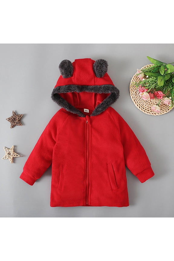 Baby Boys Girls Cute Bear Ear Sweater Fleece Hoodie Winter Warm Solid Color Coat Toddler Zipper Hooded Jacket Thick Clothes