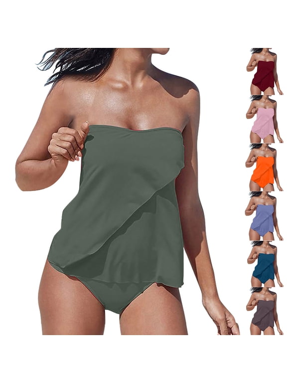Bandeau Tankini Swimsuits for Women - Two Piece Ruched Tummys control Bathing Suit Strapless Bathing Suits Swimwear with Bottom