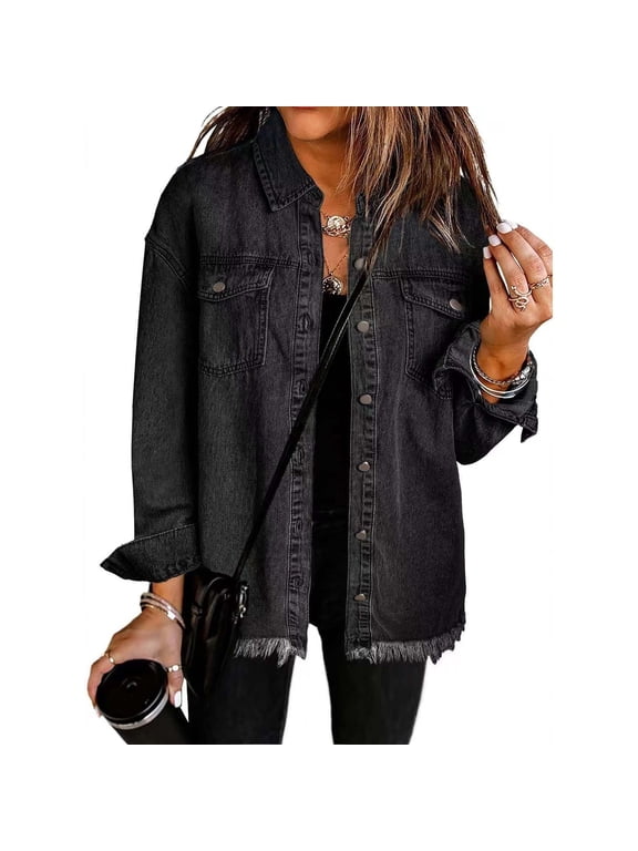 Black Denim like Jackets for Women Trendy Long Sleeve Button Down Shirt Jacket Jean Shacket with Pocket Western Work Jacket Fall Winter