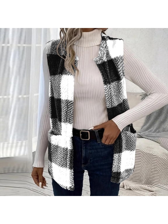 Black Long Plaid Vest for Women Fall Winter Trench Coat Sleeveless Blazer Jacket Cardigan Vest Top Waistcoat with Pockets Fall Winter