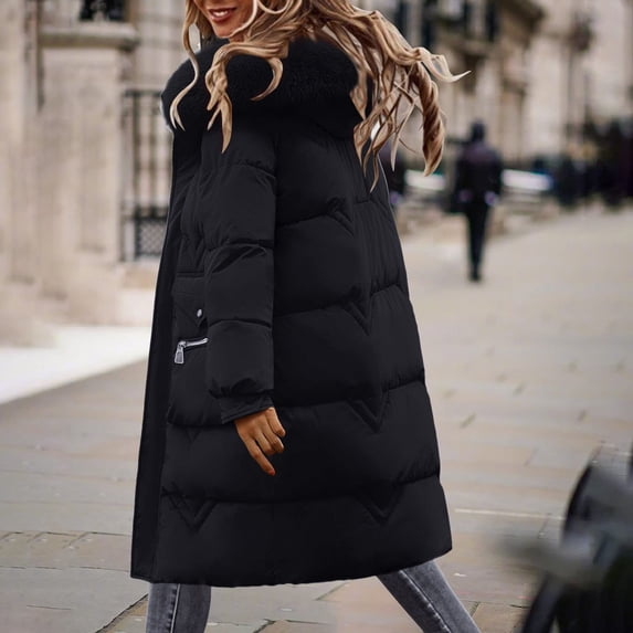 EGNMCR Black Long Puffer Jacket for Women, Thickened Winter Oversized Coat Hooded with Deep Pockets Ladies Warm Winter Zip Jacket Outwear Fall Winter