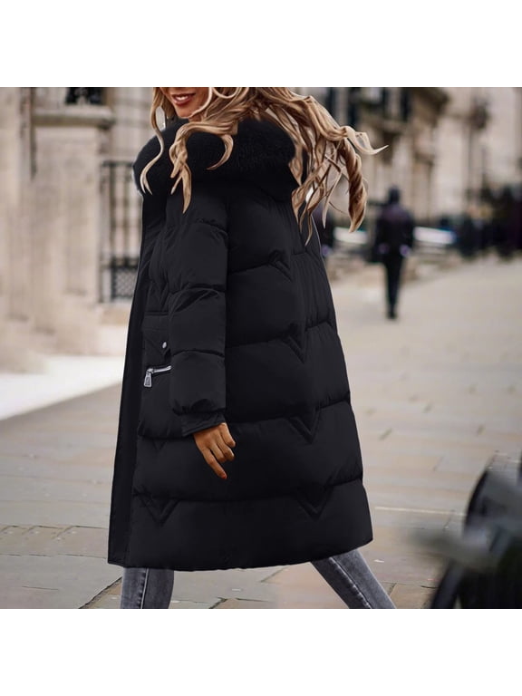 Black Long Puffer Jacket for Women, Thickened Winter Oversized Coat Hooded with Deep Pockets Ladies Warm Winter Zip Jacket Outwear Fall Winter