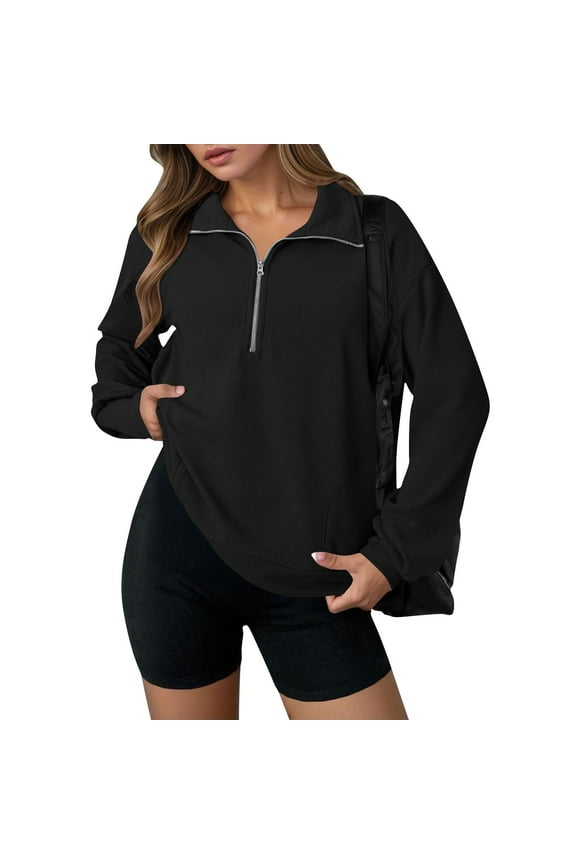 Black Women's Casual Half Zip Quilted Sweatshirts Long Sleeve Lapel Zipper Sweatshirt Loose Pullover Tops with Pockets Fall Winter