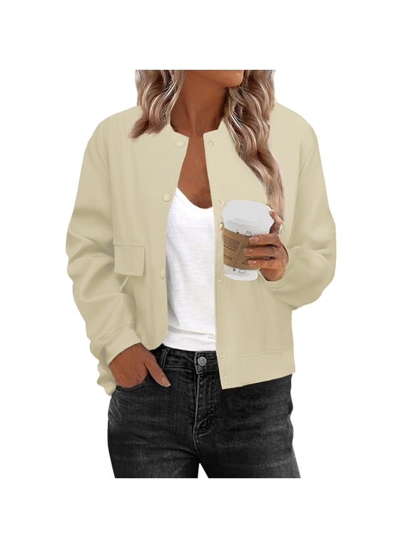 Bomber Jacket Women Varsity Casual Button Down Lightweight Fall Fashion Short School Outfits with Pockets Fall Winter