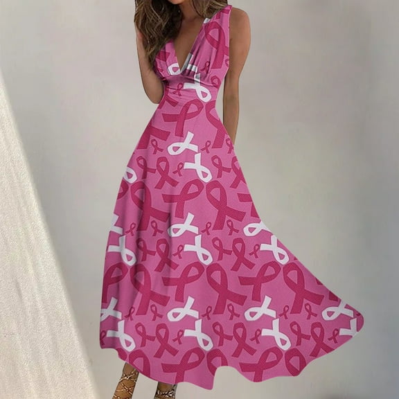EGNMCR Breast Cancers Awareness Dresses For Women Pinks Ribbon Dresses Casual Sleeveless V-neck Dresses