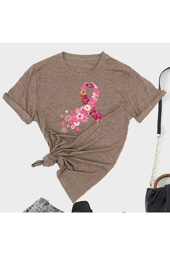 Breast Cancers Awareness T-Shirt For Women Pinks Ribbon T-Shirt Casual Short Sleeve Round Neckline T-Shirt