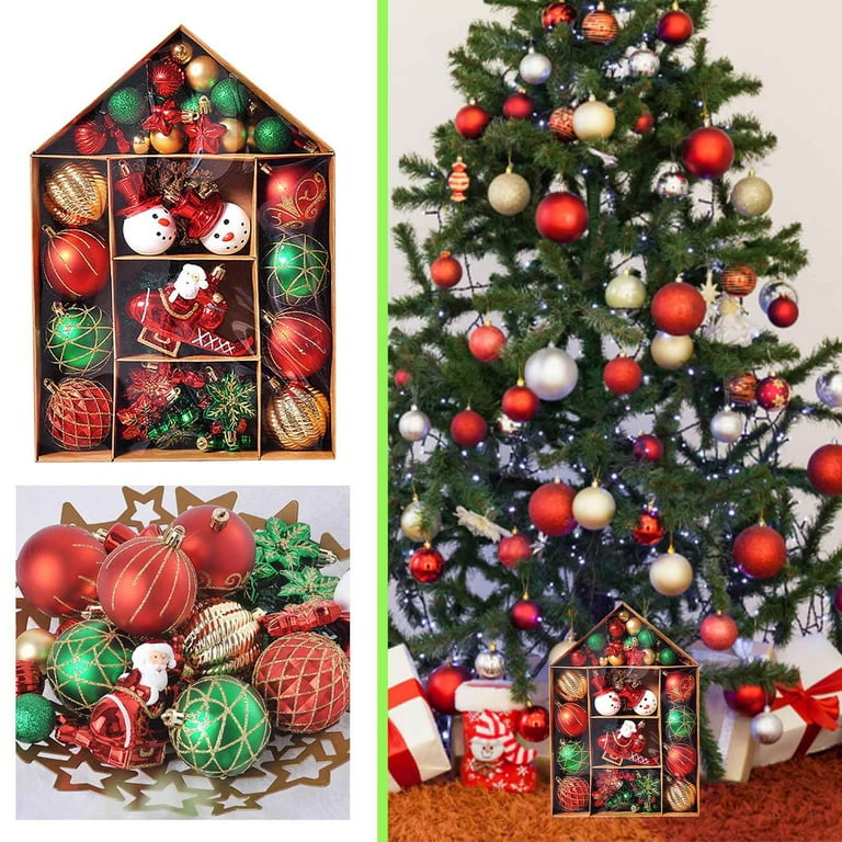 EGNMCR Christmas Tree Ornament 70pcs Christmas Tree Decoration Set Red Green Gold Christmas Ball Shatterproof Hanging Tree Ornament Assortment Set