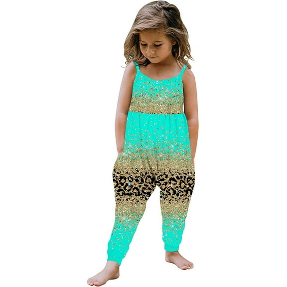 EGNMCR Baby Girls Halter Backless Romper Toddler Kid Jumpsuit Pants Girls Kids Printing Jumpsuit Playsuit Strap Romper Summer Outfits Clothes-Green-5-6T