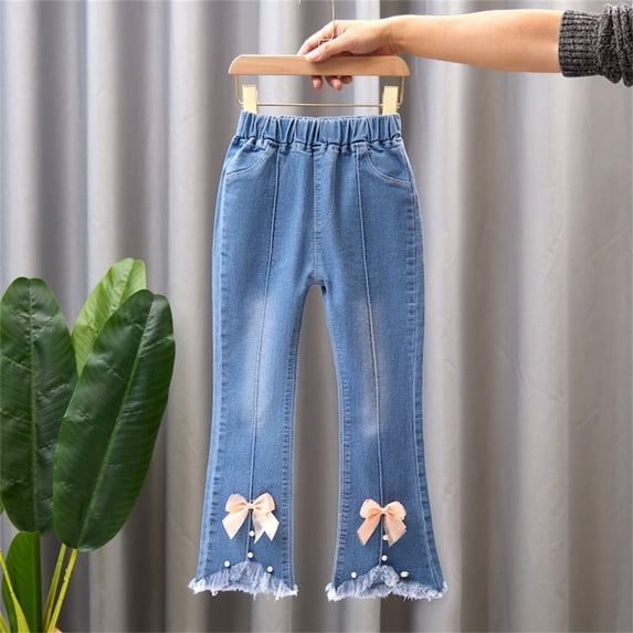 EGNMCR Kids Toddler Little Baby Girl Ruffle Ripped Jeans Bell Bottom Flare Pants Ripped Denim Leggings Trousers-Watermelon Red-5-6T