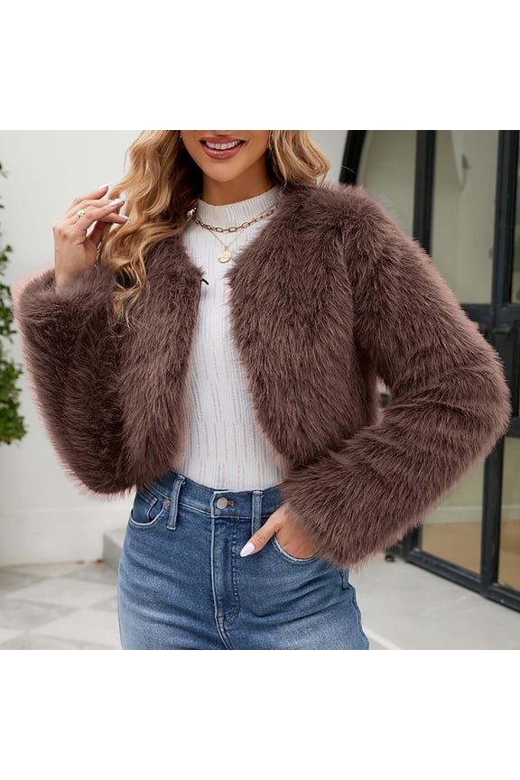 Cropped Jacket for Women's Faux Fur with Pockets Long Sleeve Open Front Wedding Bolero Gowns Coat Fall Winter