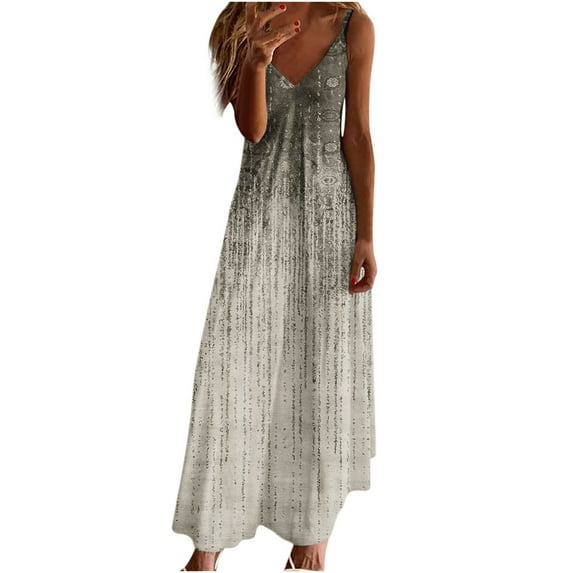 EGNMCR Dresses for Women Fashion Summer Sleeveless V Neck Casual Printed Loose Cocktail Dress Maxi Dress Evening Dress Long Dress Spring Summer Sale