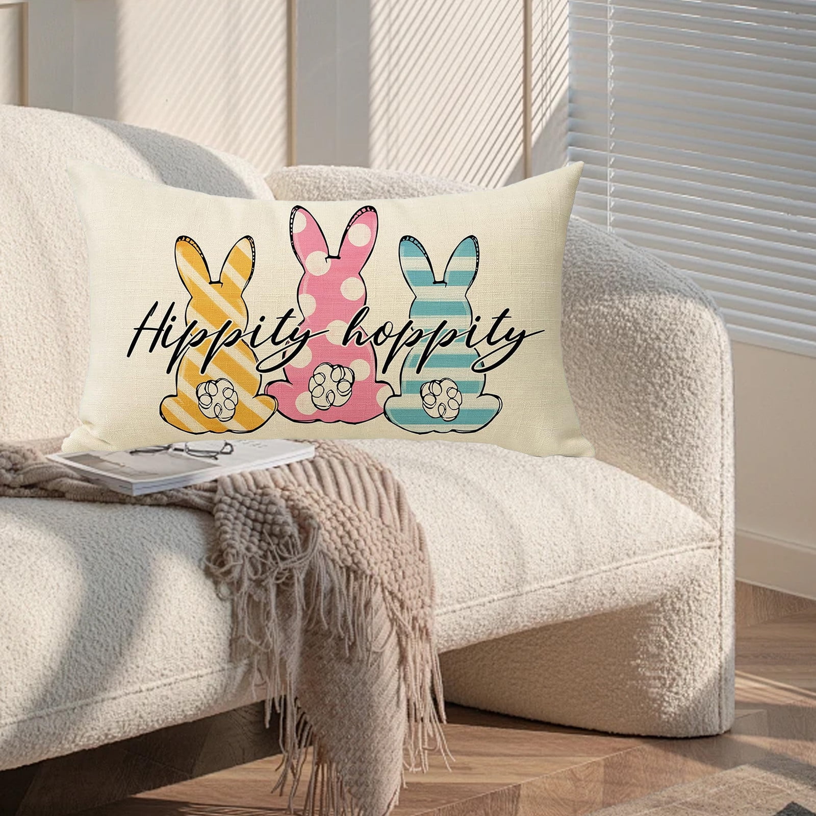Bonhause Bunny Floral Throw Pillow Covers 18x18 Inch - Set Of 4, Spring Easter Decor For Couch, Sofa, Garden