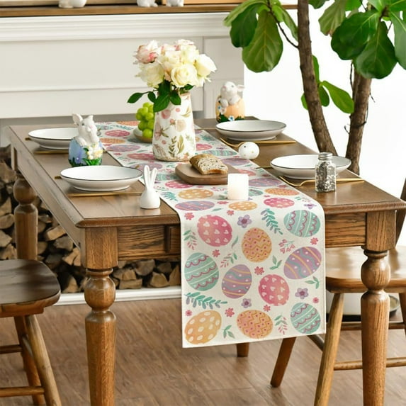 EGNMCR Easter Table Runner Easter Eggs Linen Printed Table Flag Easter Restaurant Decoration 4 Sizes Available - Spring/Summer