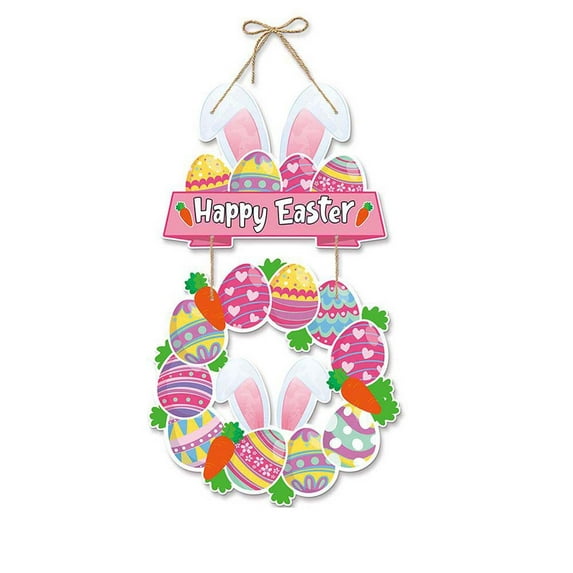 EGNMCR Easter Wooden Hanging Sign for Front Door Decor Double Plank Bunny Rabbits Wood Door Hanger with Bow for Outdoor Outside Porch, Spring Wooden Wreath Indoor Wall Hanging Decoration