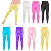 EGNMCR Girls Metallic Leggings High Waisted Kids Yoga Pants Stretch Shiny Running Dance Tights for Teen School Workout