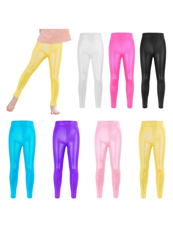 Girls Metallic Leggings High Waisted Kids Yoga Pants Stretch Shiny Running Dance Tights for Teen School Workout