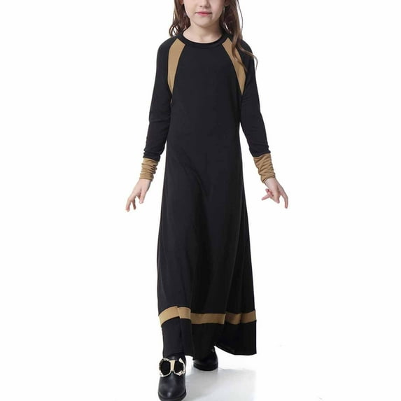 EGNMCR Kids Girls Adorable One Piece Muslim Dresses Long Sleeve Slim Casual Ramadan Praye Robe Dress Muslim Long Dress V Neck Colorblock Dress-Black-8-9T
