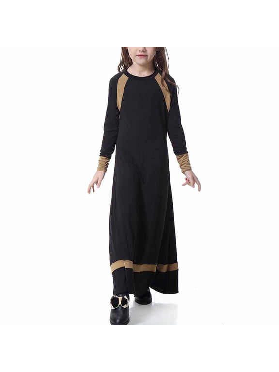 Kids Girls Adorable One Piece Muslim Dresses Long Sleeve Slim Casual Ramadan Praye Robe Dress Muslim Long Dress V Neck Colorblock Dress-Black-10-11T