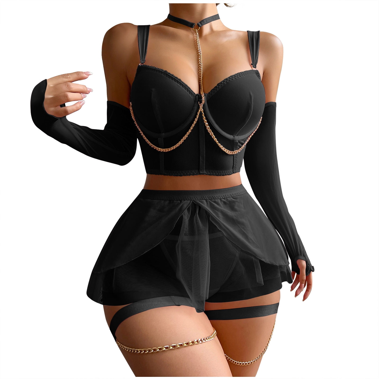 Egnmcr Lingerie Sets For Women Sexy Solid Strappy Long Sleeve Mesh