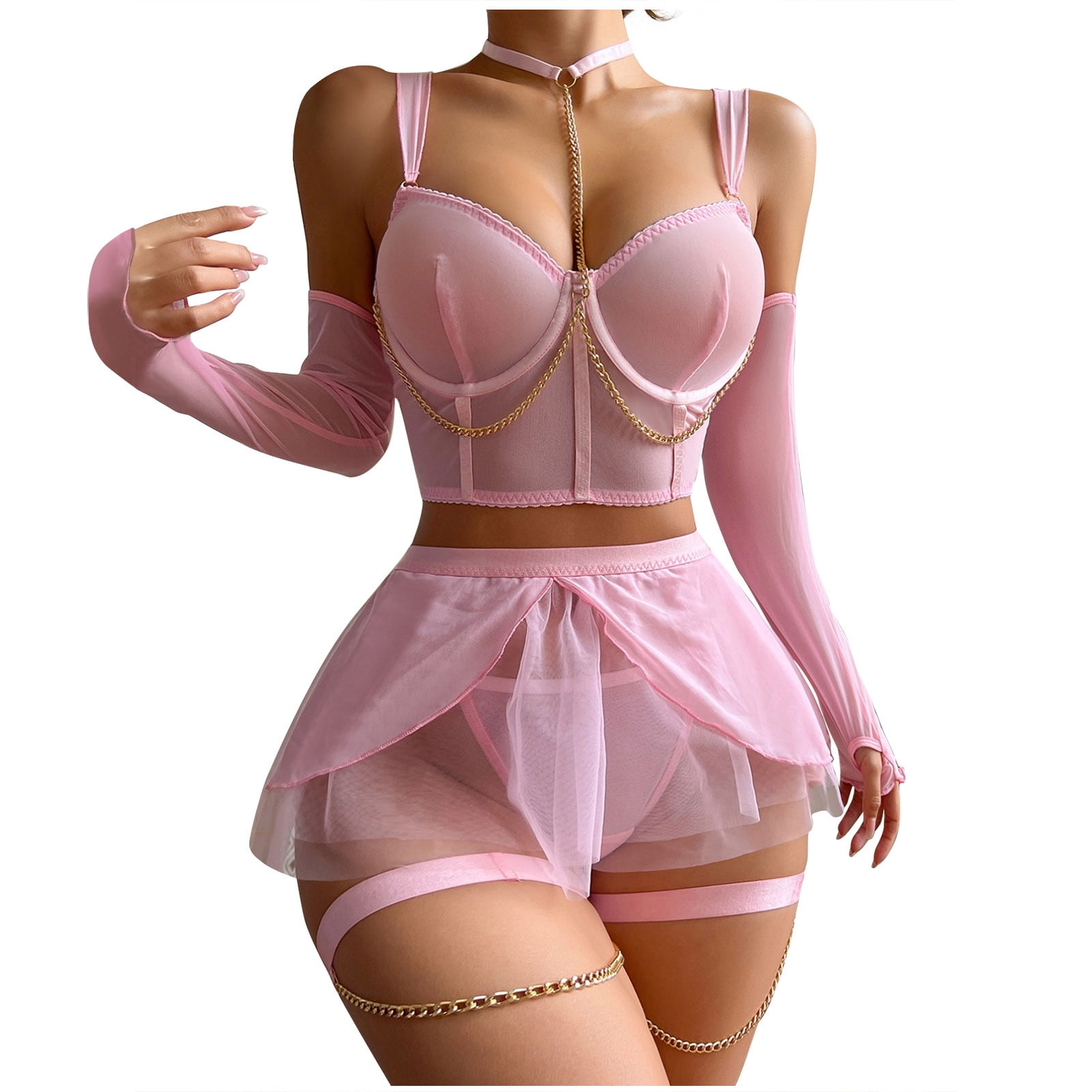 EGNMCR Lingerie Sets for Women Sexy Solid Strappy Long Sleeve Mesh Perspective Underwear Valentine Day Sleepwear Set Valentines Day Gifts for Her