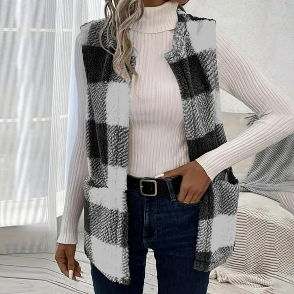 EGNMCR Long Plaid Vest for Women Fall Winter Trench Coat Sleeveless Blazer Jacket Cardigan Vest Top Waistcoat with Pockets Fall Winter