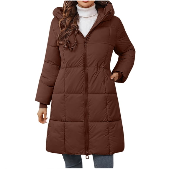 EGNMCR Long Puffer Jacket for Women, Thickened Winter Oversized Coat Hooded with Deep Pockets Ladies Warm Winter Zip Jacket Outwear Fall Winter