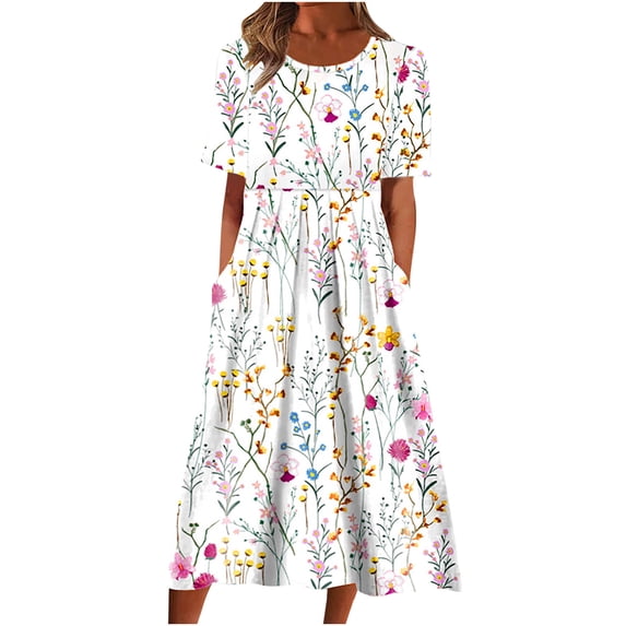EGNMCR Maxi Dress for Women Fashion Summer Short Sleeve Round Neck Casual Printed Loose Cocktail Dress Evening Dress Long Dress Spring/Summer Sale Clearance