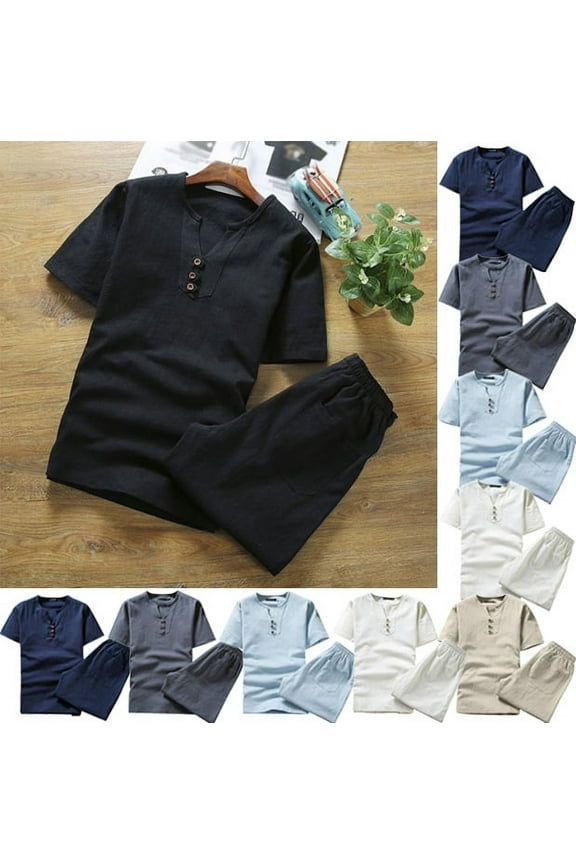 Men 2 Piece Linen Shirts Sets Summer Beach Outfits Short Sleeve Button Down Shirt Drawstring Loose Shorts Suit Set