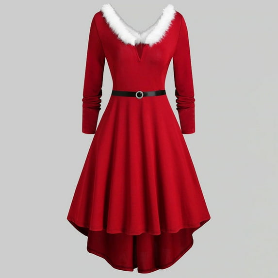 EGNMCR Merry Christmas Womens Dresses Christmas Fashion Long Sleeve Waisted Big Dresses Causal Plus Size Christmas V-Neck Solid Color Dresses With Red XXXL