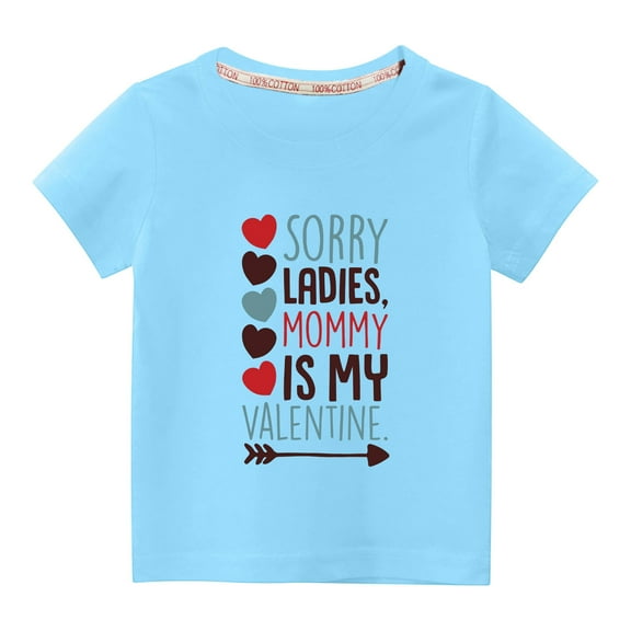 EGNMCR Mother's Day Toddler Boy Girl Cotton Shirts Kids Boys Girls Fashion Cute Solid Color Round Neck Valentine's Day Heart Print Short Sleeve Top-Blue-7T