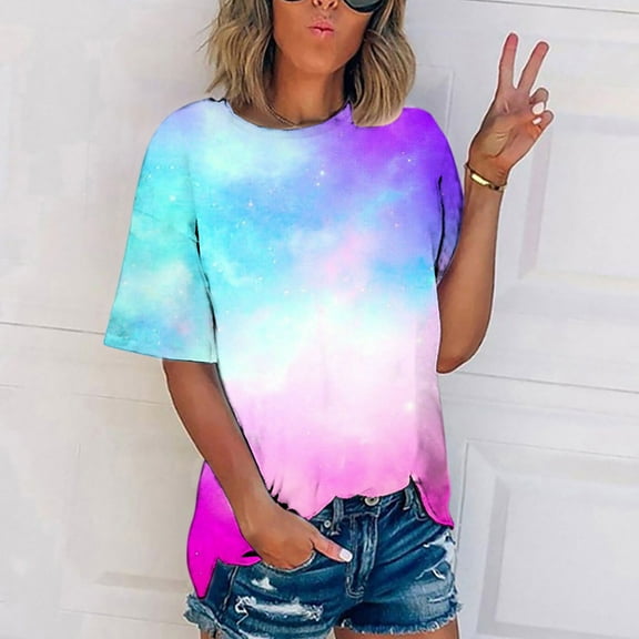 EGNMCR Mothers Day Gifts Women Summer Tie Dye Plus Size T-Shirt, Short Sleeve Round Neck Casual Loose T-Shirt Top, Gift on