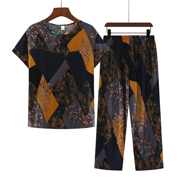 EGNMCR Mothers Day Gifts Womens Cotton Pajama Sets Floral Print Short Sleeve Sleepwear Top and Soft Elasticated Capri Shorts Comfy Breathable Plus Size Lounge 2 Piece Sets on Clearance