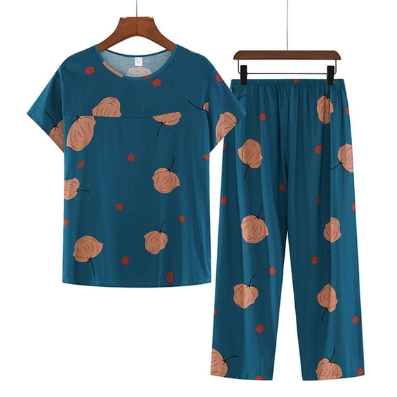 EGNMCR Mothers Day Gifts Womens Cotton Pajama Sets Floral Print Short Sleeve Sleepwear Top and Soft Elasticated Capri Shorts Comfy Breathable Plus Size Lounge 2 Piece Sets on Clearance