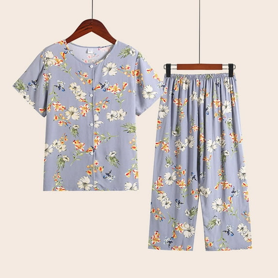 EGNMCR Mothers Day Gifts Womens Cotton Pajama Sets Floral Print Short Sleeve Sleepwear Top and Soft Elasticated Capri Shorts Comfy Breathable Plus Size Lounge 2 Piece Sets on Clearance