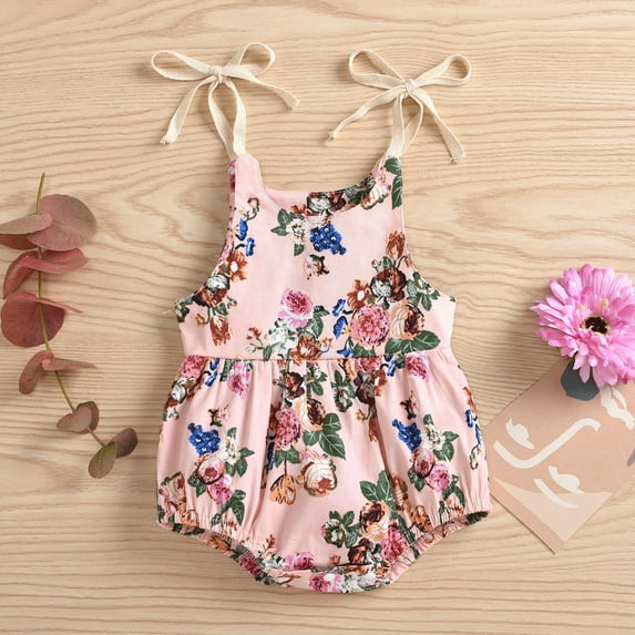 EGNMCR Newborn Baby Boys Girls Romper Jumpsuit Bodysuit Infant Summer Clothes Outfits Summer Baby Girls Flowers Straps Sleeveless Jumpsuit Casual Bodysuit Clothes (Pink,3 6 Months) Baby