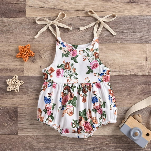 EGNMCR Newborn Baby Boys Girls Romper Jumpsuit Bodysuit Infant Summer Clothes Outfits Summer Baby Girls Flowers Straps Sleeveless Jumpsuit Casual Bodysuit Clothes (White,0 3 Months ) Baby