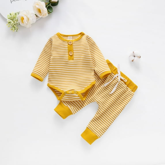 EGNMCR Newborn Infant Baby Boys Girls Long Sleeve Striped Romper Bodysuit+Pants Set Jumpsuit Onesie Playsuit One Piece Bodysuit Fall Clothes (Yellow) Baby